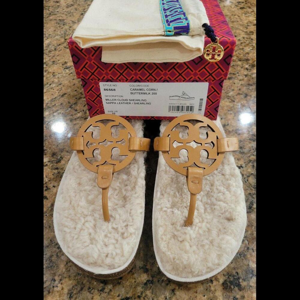 Tory Burch Miller Cloud Shearling Leather Sandal Thongs Shoe Carmel 10 New $268 - Picture 9 of 9